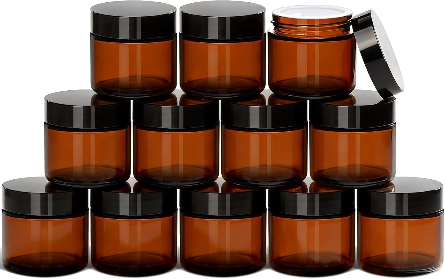 2 Oz Small Glass Jars with Lids, 12 Pack Airtight Amber Cosmetic Jars with Inner Liners Round Empty Travel Sample Containers for Lotions, Creams, Candles, Body Butters