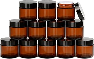 2 Oz Small Glass Jars with Lids, 12 Pack Airtight Amber Cosmetic Jars with Inner Liners Round Empty Travel Sample Containers for Lotions, Creams, Candles, Body Butters