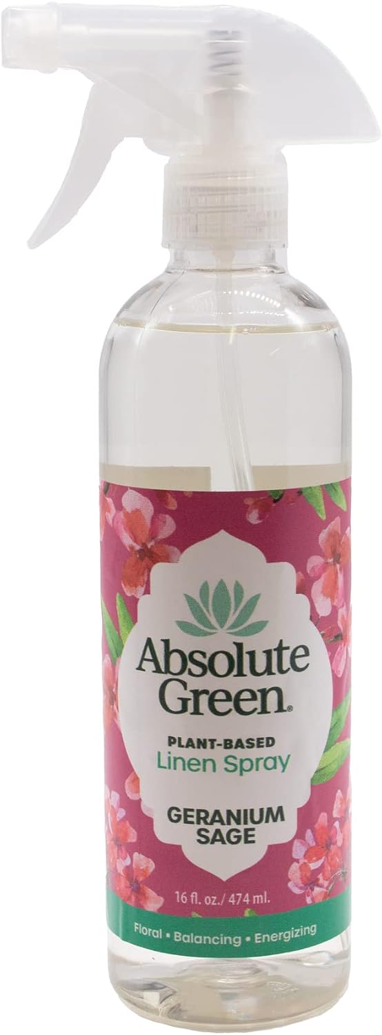 Absolute Green Linen and Fabric Spray, Fabric Freshener, Sheets, Towels, Sofa, Pet Safe, Geranium Sage Scent, 16 oz