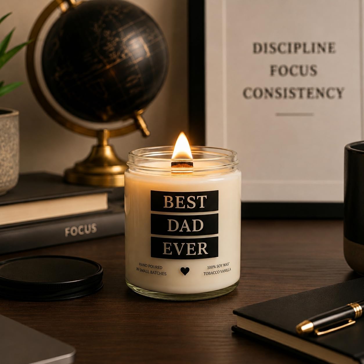 Best Dad Ever Candle, Tobacco Vanilla Scented Candle for Dad with Crackling Wood Wick, 100% Soy Wax Candle, Hand Poured Masculine Fragrance