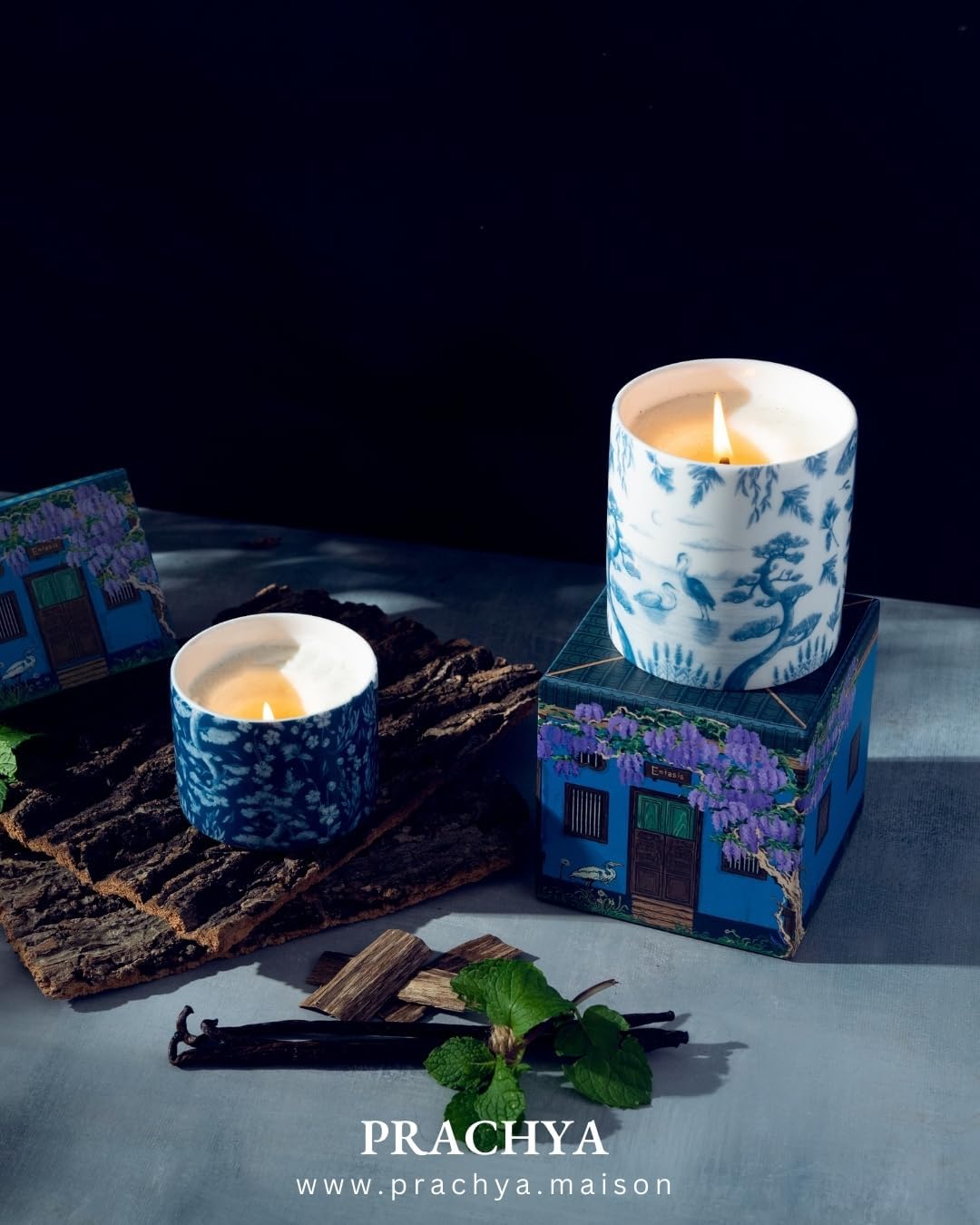 Prachya Enstasis Scented Candle - Spearmint & Black Agarwood, Soy Wax, Artisan Porcelain Cup, 250g