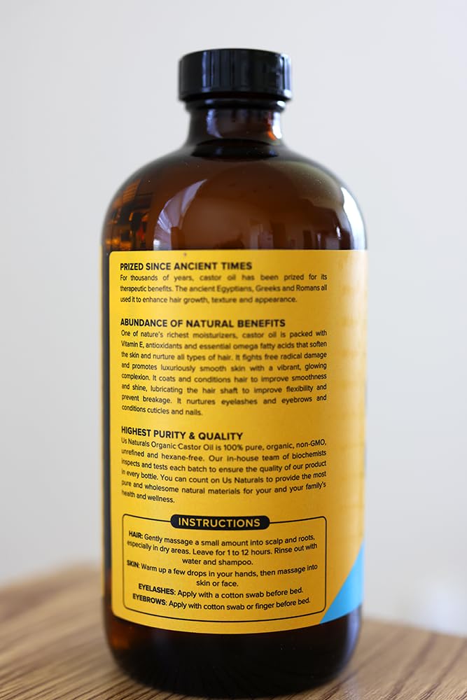 Us Naturals 16oz Organic Castor Oil – Glass Bottle – USDA Certified Organic & Non-GMO – 100% Pure, Cold-pressed, Unrefined, Hexane-free – Premium Glow-Boosting Oil for Skin, Hair, Lashes, Nails & More