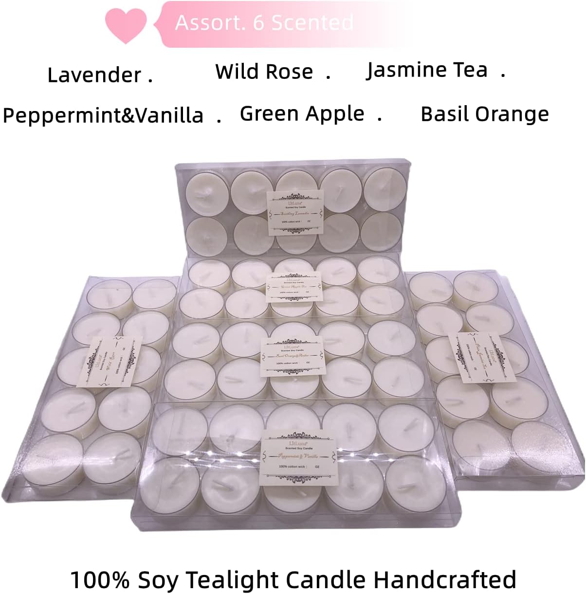 LITLUNA Soy Tealight Candles Scented w/Clear Cup- Pack 60,Assorted 6 Luxury Aromatheraphy Collect-Lavender/Rose/Jasmine Tea/Vanilla/Basil Orange/Apple, Pleasing Smell for Home,Camping,Trip