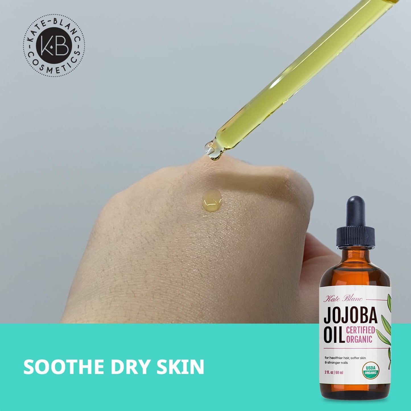 Kate Blanc Cosmetics Organic Jojoba Oil for Hair, Skin, Face, Nails (2oz) - USDA Certified, 100% Pure Cold Pressed Unrefined - Moisturizing Carrier Oil for Gua Sha, Dermaplaning, Body - Glass Bottle