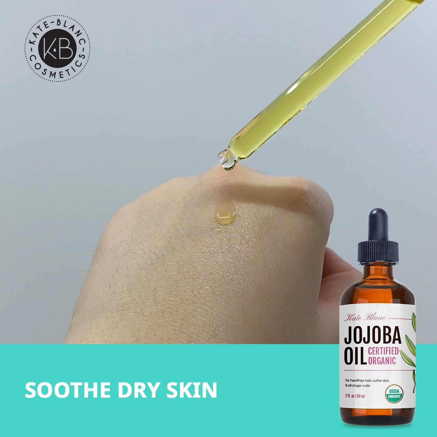 Kate Blanc Cosmetics Organic Jojoba Oil for Hair, Skin, Face, Nails (2oz) - USDA Certified, 100% Pure Cold Pressed Unrefined - Moisturizing Carrier Oil for Gua Sha, Dermaplaning, Body - Glass Bottle
