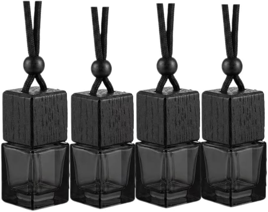 4Pcs Hanging Car Air Freshener Empty Diffuser Bottles, Black Glass Essential Oil Perfume Pendant for Auto Home Office Decoration