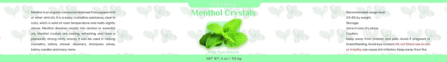 Menthol Crystals 4 oz, 100% Pure Organic Mint Crystals | Great for Making Shower Steamers, Creams and Soaps