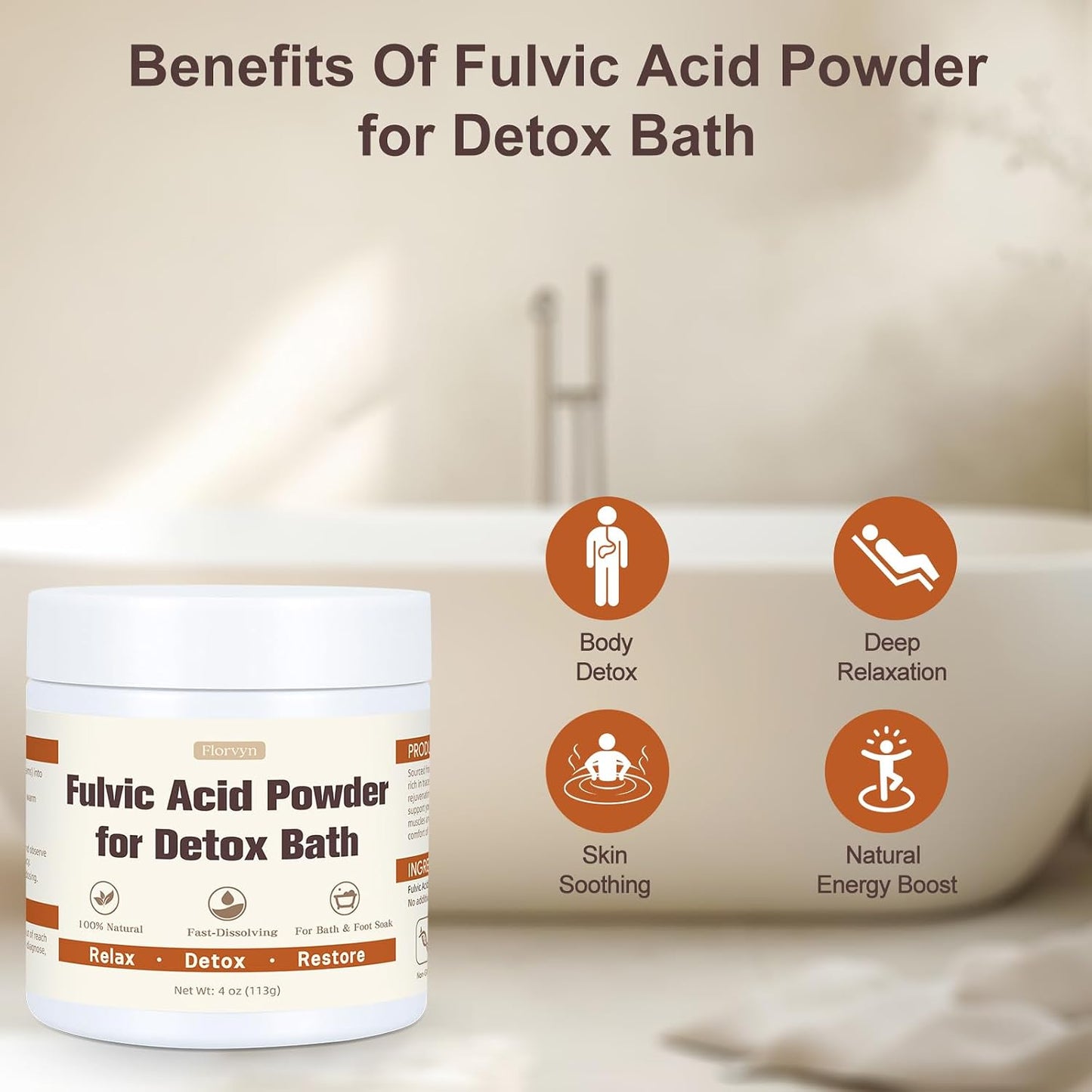 Fulvic Acid Detox Bath Powder 4oz – Natural Mineral Bath Soak for Foot & Body, Vegan Self-Care Spa Gift, No Additives, Gentle on Skin, Fast Dissolving, Includes 5g Scoop, Easy to Use