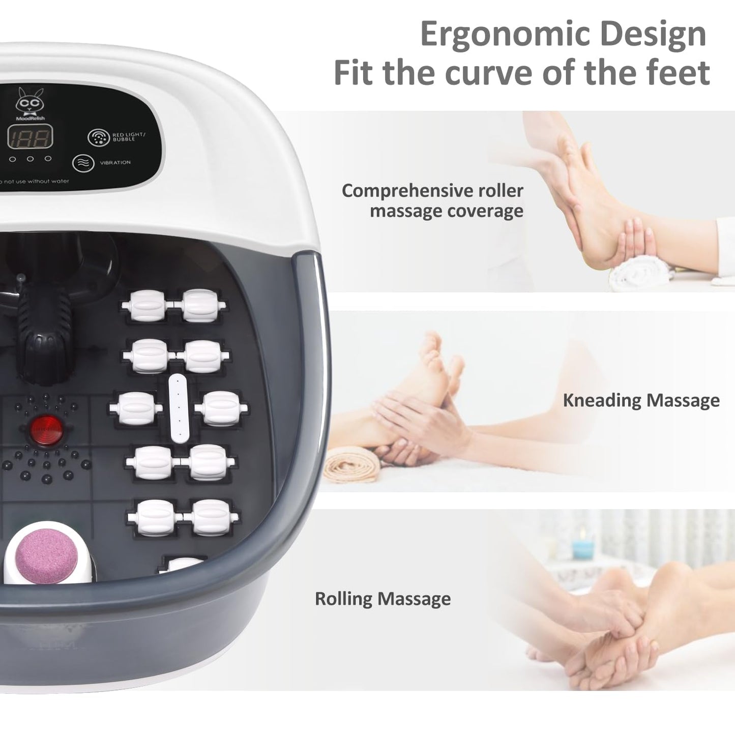 MoodRelish Foot Spa Bath Massager with Heat Bubbles and Vibration Massage and Jets, 16 OZ Calming Lavender Foot Soak Epsom Salt, Foot Soaker with Red Light, 22 Massage Rollers, Adjustable Temp - Grey