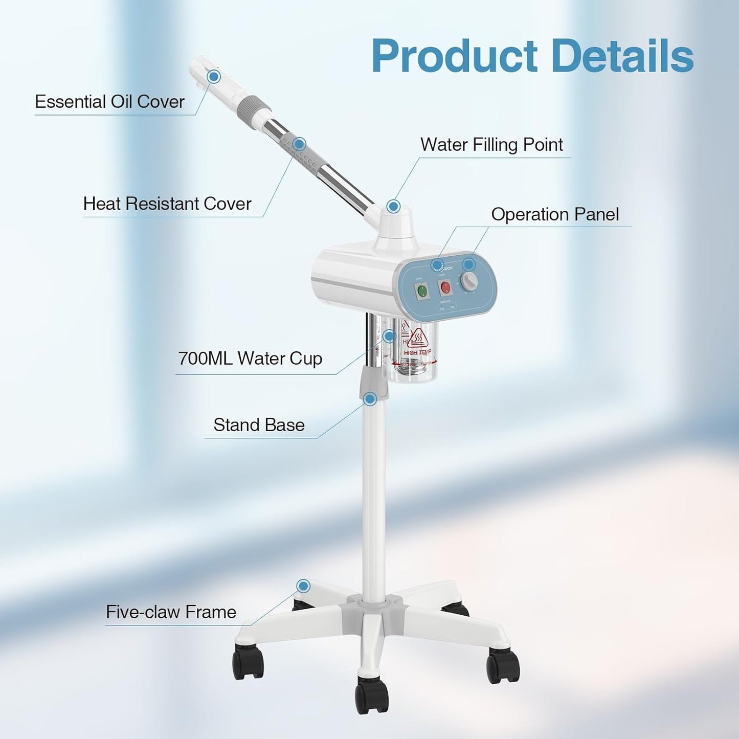 Professional Nano Ionic Facial Steamer with Ozone – 700ml Large Capacity Stand Facial Steamer