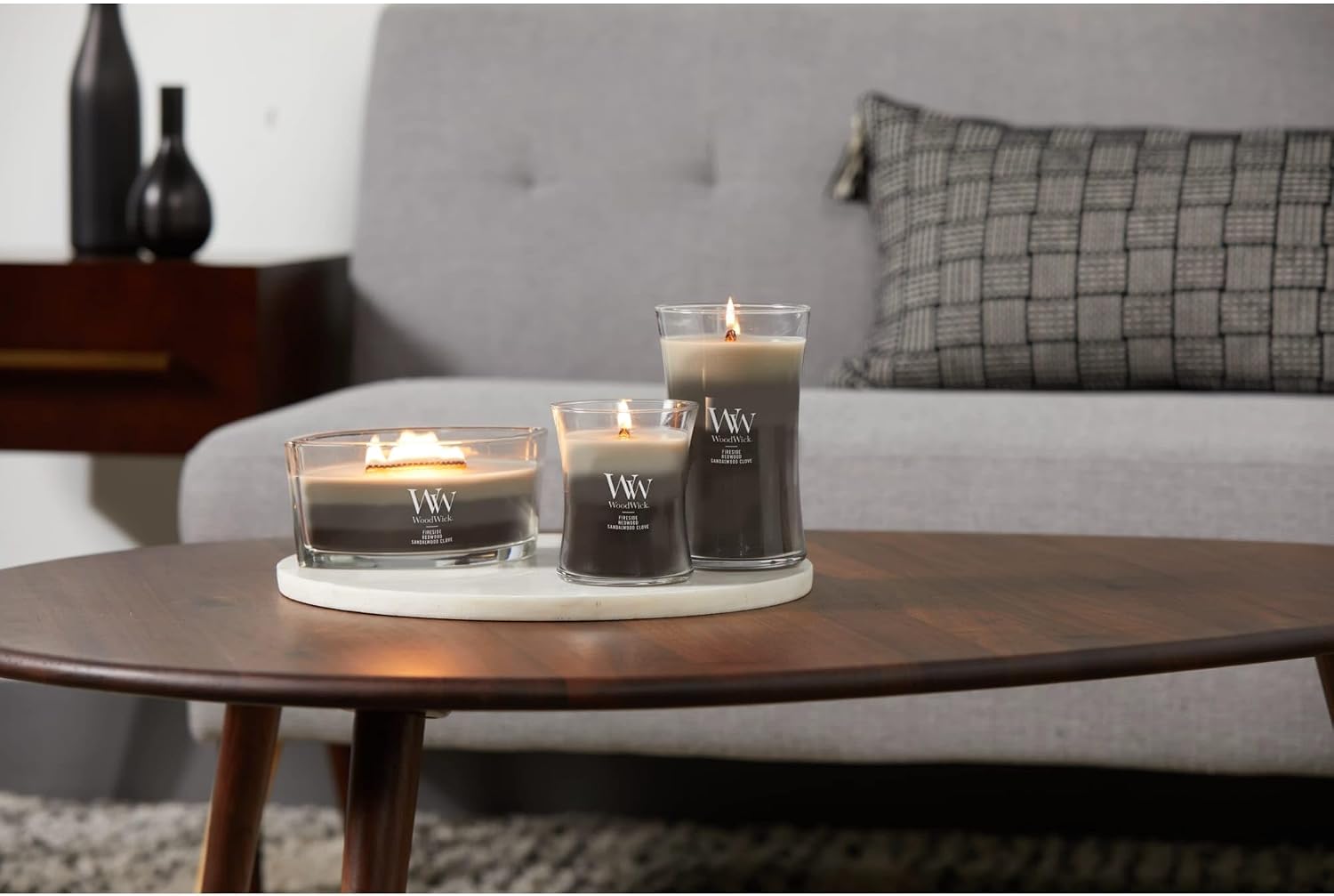 WoodWick Warm Woods Trilogy Holiday Candle Gifts for Women and Men, 9.7 oz Medium Hourglass Trilogy Candle with Crackling Wick