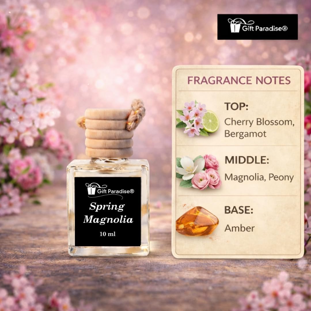 Gift Paradise® Spring Magnolia Hanging Car Freshener – Set of 3 (10 ml Each) – Long-Lasting Floral Fragrance Oil Diffuser for Car, Closet & Office – Soft & Clean Bloom Scent – Velvet Gift Bag Included