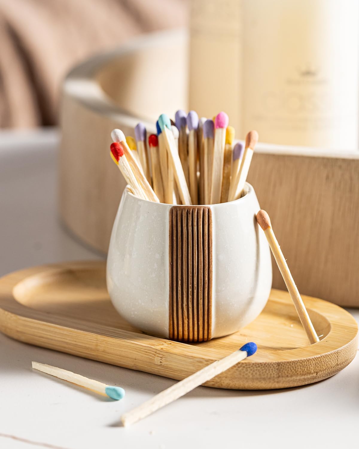 Zoeeker Ceramic Match Striker Holders Set of 2 - Matchstick Container With Wooden Tray for Christmas Kitchen, Fireplaces & Minimalist Spaces - Matches NOT Included, White
