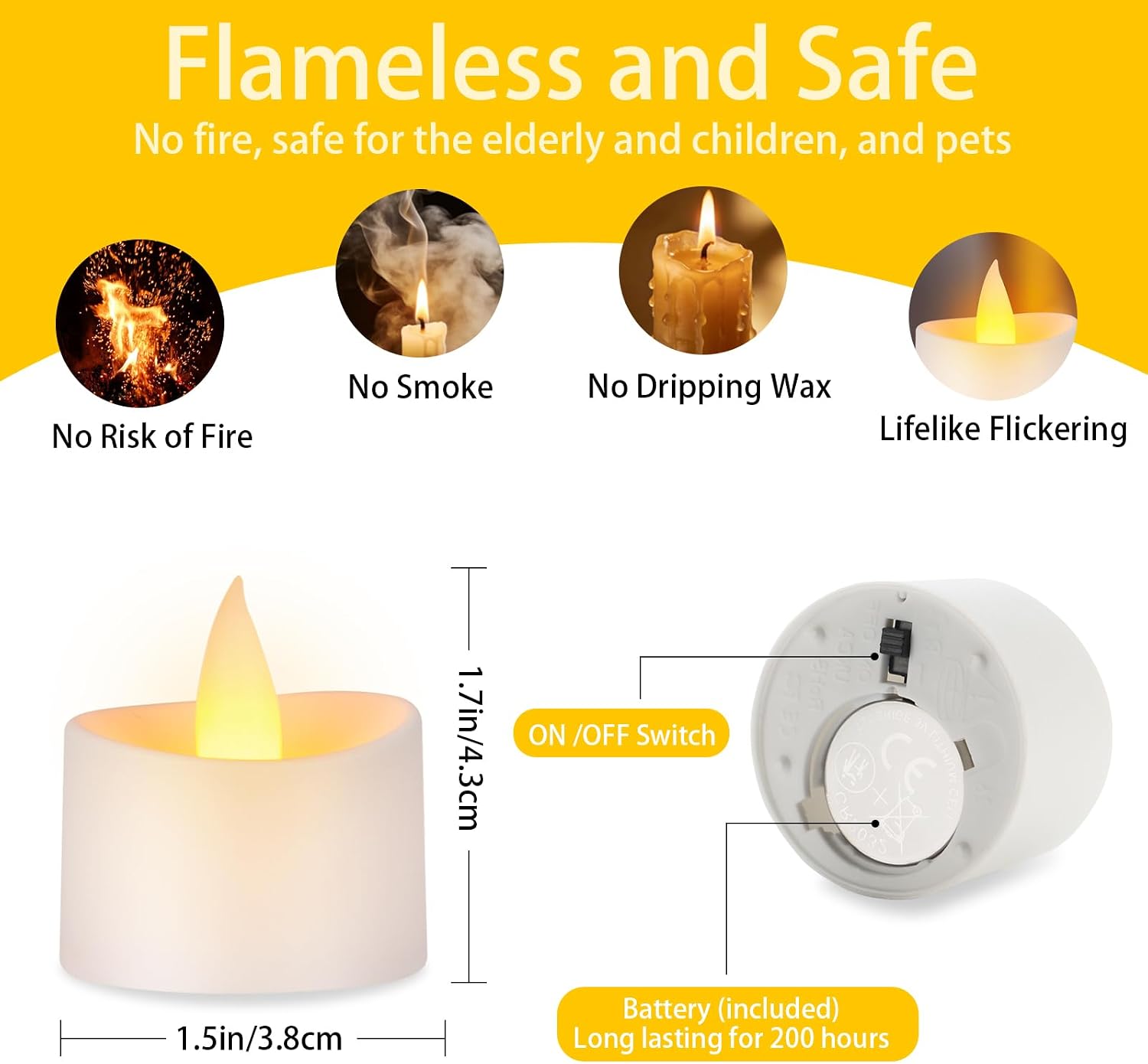Dual-Flame Flickering Flameless LED Tealight Candles, Battery Operated Tea Lights with Warm Yellow Glow, 200+ Hour Long-Lasting Fake Candles for Home Wedding Votive Decor (White, 12 Pack)