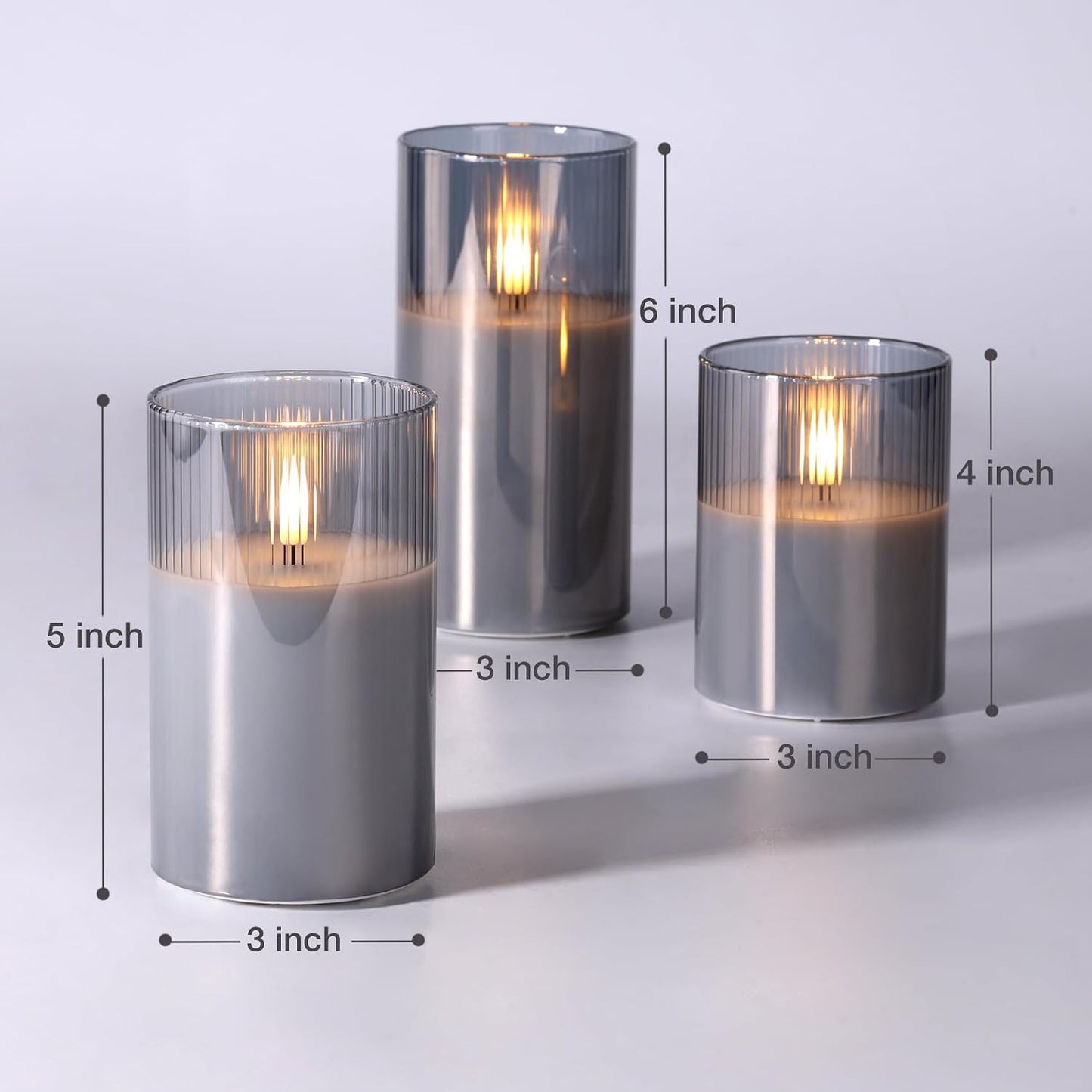 Eywamage Smoke Grey Ribbed Glass Flameless Pillar Candles with Remote, Flickering LED Wax Candles Battery Operated Set of 3