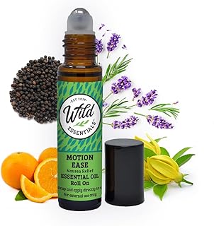 Wild Essentials Motion Ease Essential Oil Roll On, 10ml Motion Sickness, Nausea, Upset Stomach, Vertigo, Dizzy, Seasick, Carsick, Made with Organic Jojoba Oil, Ready to Use, Moisturizer, All Natural