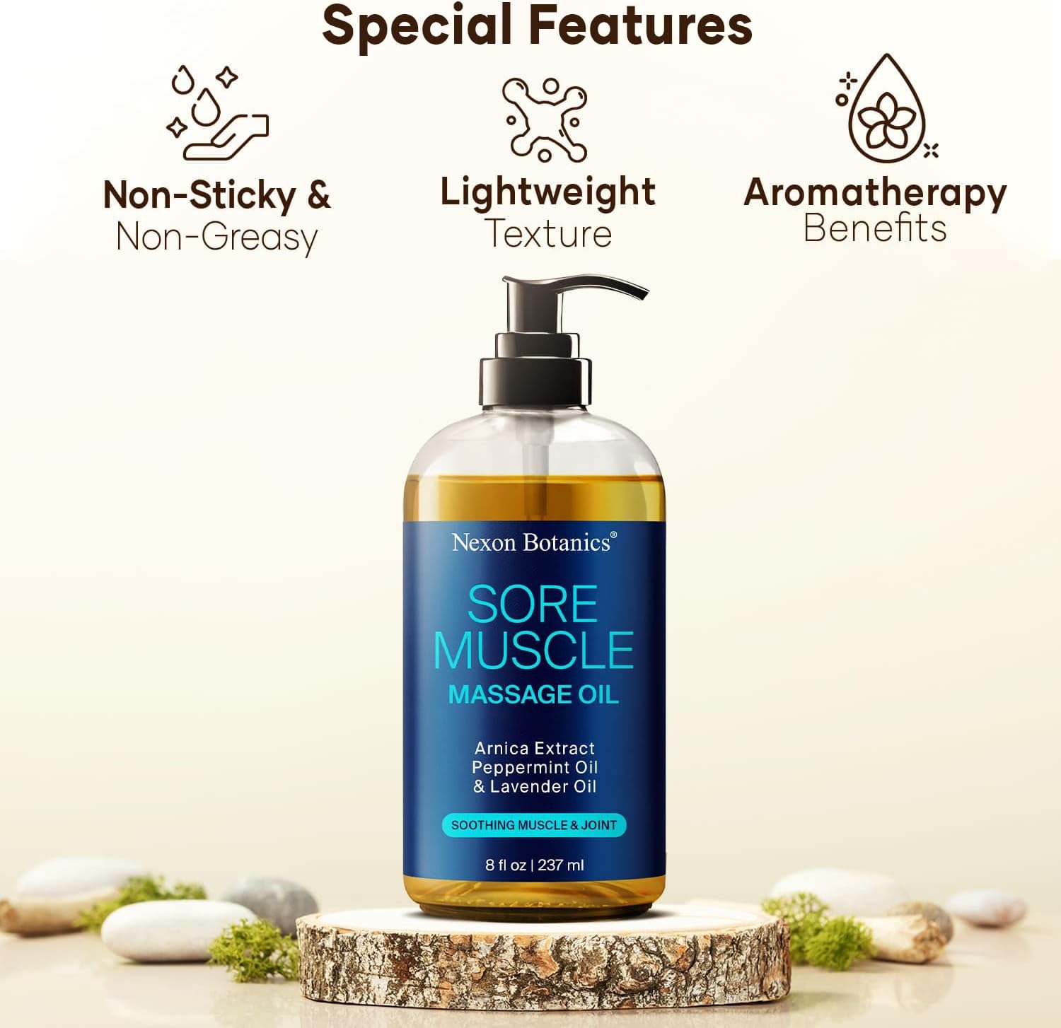 Sore Muscle Massage Oil for Massage Therapy 8 fl oz - Refreshing and Relaxing - Natural Oils with Arnica, Peppermint and Lavender Oil - for Men and Women - Nexon Botanics