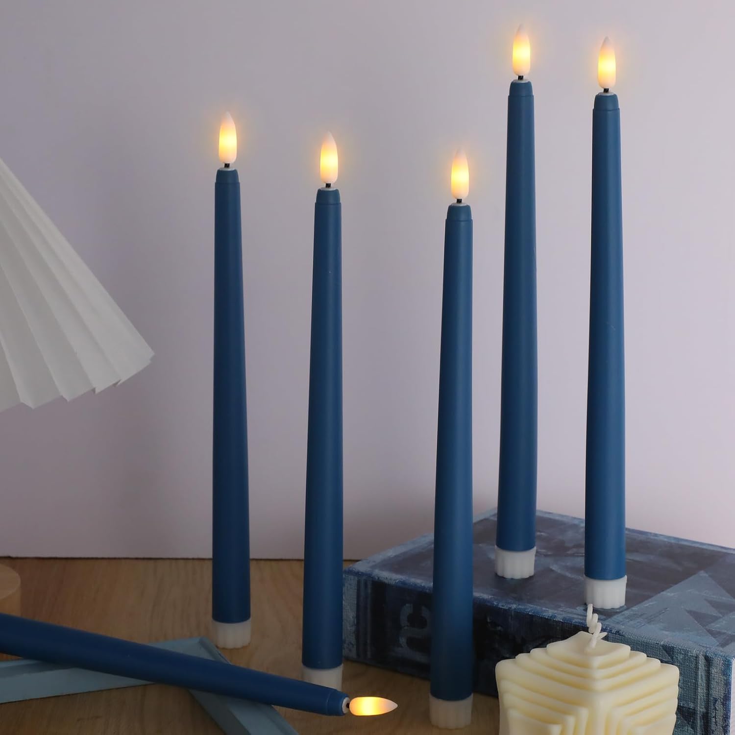 Macarrie 24 Packs Flameless Taper Candles Battery Operated Fake 11 Inch Long Candlelight LED Flameless Candlesticks Flickering Tapered for Summer Fall Wedding(Blue)