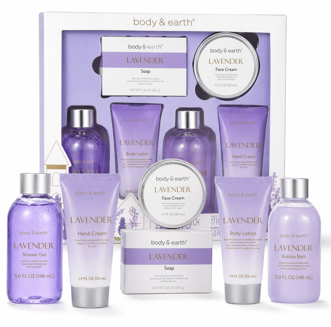 BODY & EARTH Bath and Body Gift Set - 6 Pcs Lavender Bath Kit for Women Spa Set, Birthday, Mother's Day Gift Set for Women Includes Bubble Bath, Shower Gel, Body Lotion