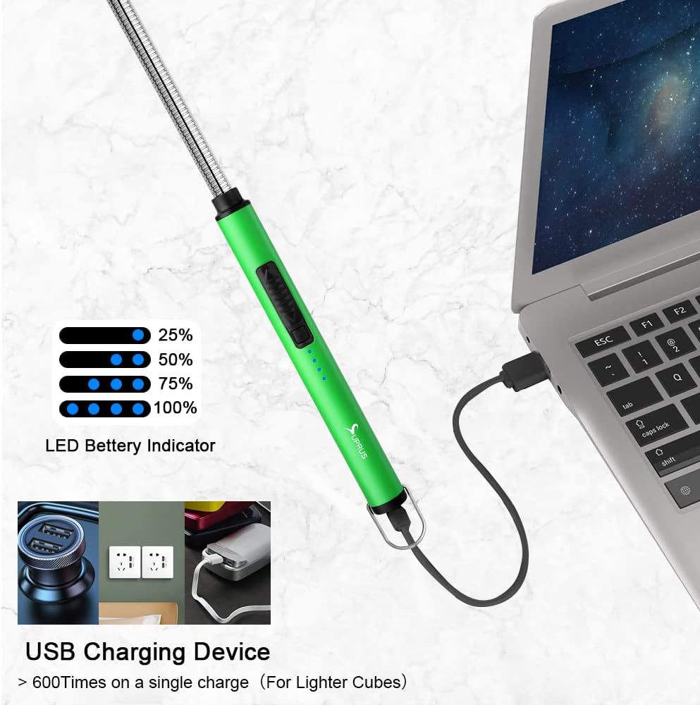 SUPRUS Fluorescent Lighter Glows in The Dark 360°Flexible Neck USB Rechargeable Windproof Triple Safety for Candle Cooking BBQ in Party (Green)