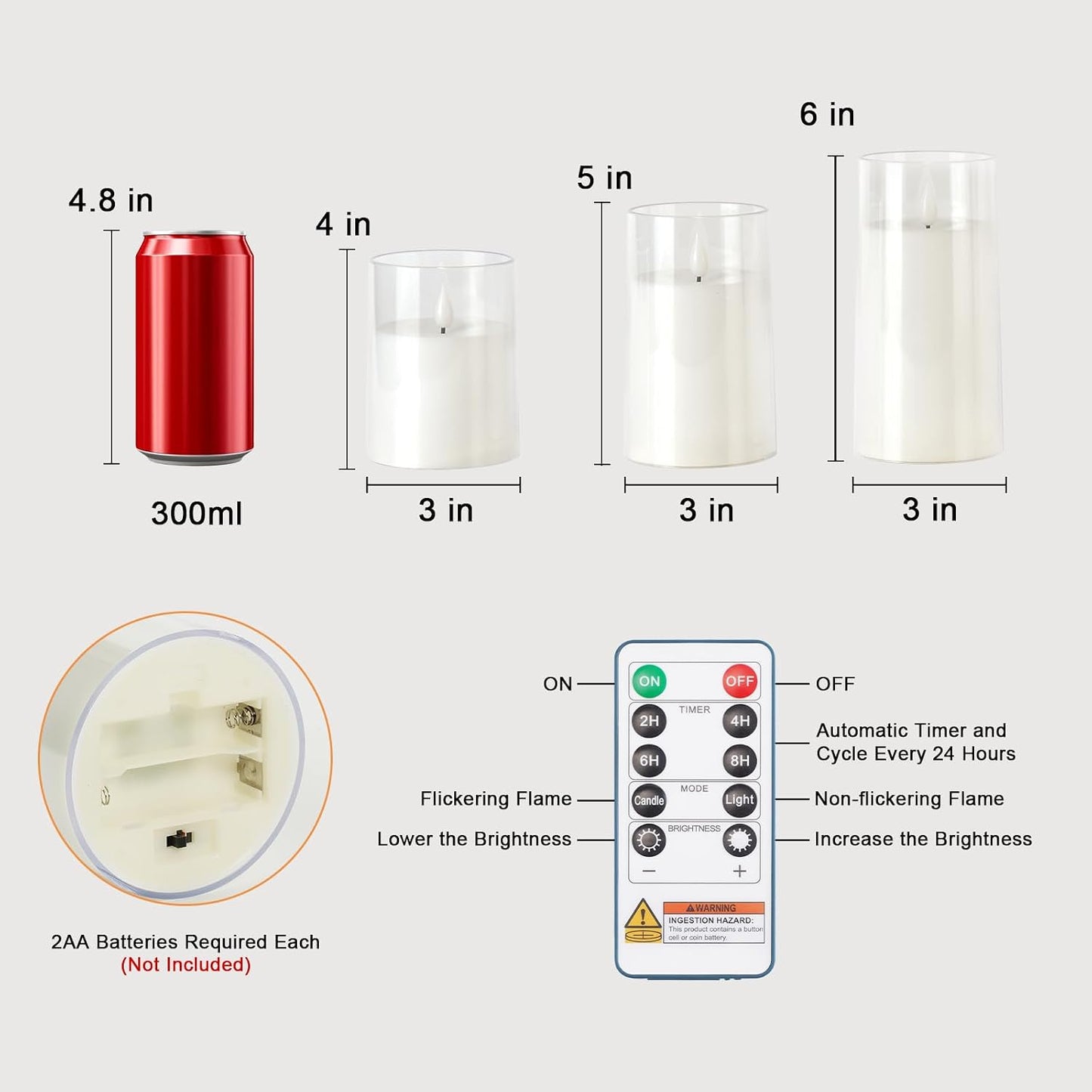 Raycare Flameless Candles Battery Operated with Remote Timer, Acrylic Flickering LED Pillar Candle for Christmas, Wedding, Home Decor, Gift for Family and Friend, White, Set of3