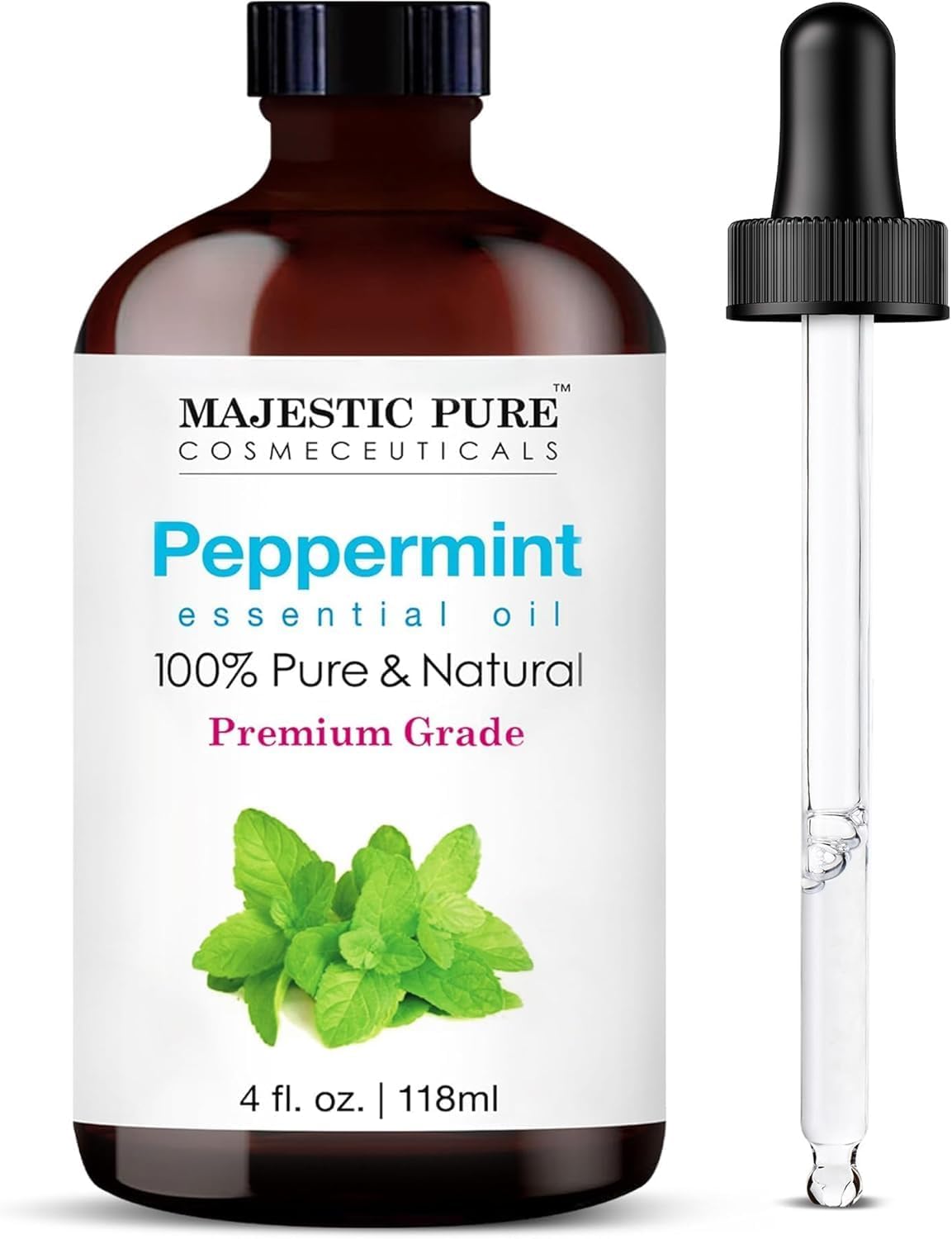 MAJESTIC PURE 100% Pure and Natural Peppermint Essential Oil with Glass Dropper | Premium Grade for Diffusers, Skin, Aromatherapy, Massage | 4 Fl Oz