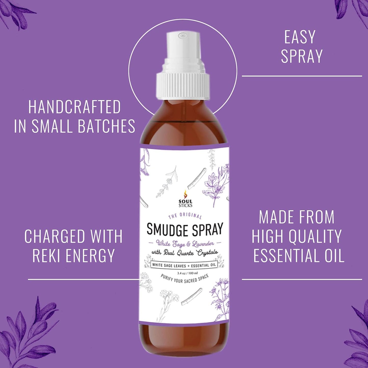 SOUL STICKS White Sage & Lavender Smudge Spray – 3.5oz Smokeless Mist with Quartz Crystals – Calming Essential Oil Spray for Sleep, Stress Relief, Meditation, and Energy Cleansing