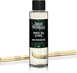 Urban Naturals Reed Diffuser Oil Refill White Tea & Sage, Sparkling Bergamot, Fresh Sage, 4 oz + Free Reed Sticks, Made in the USA