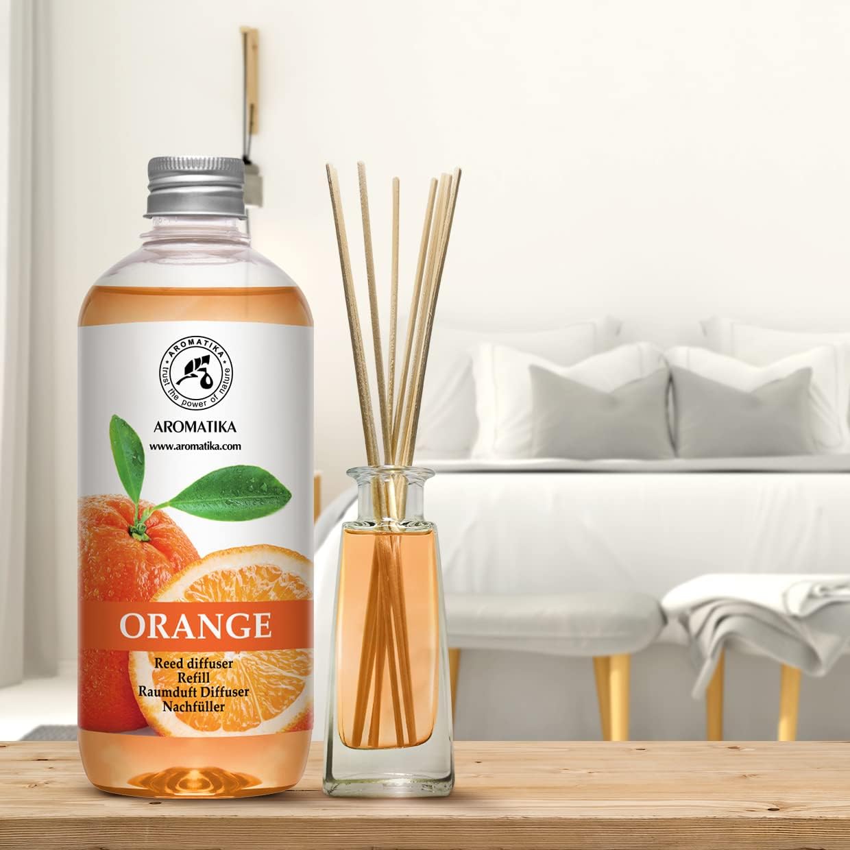 AROMATIKA Orange Reed Diffuser Refill 17 Fl Oz (500ml) - Room Fragrance Diffuser with Natural Essential Orange Oil - Best for Aromatherapy - Home - Kitchen - Office