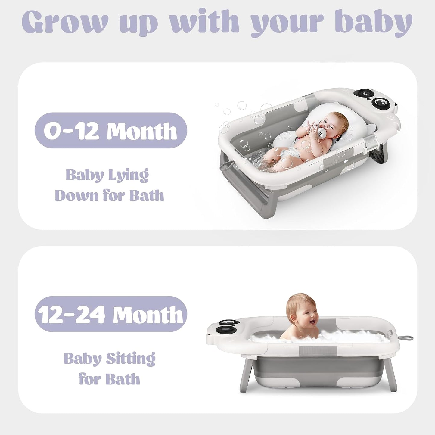 Foldable Baby Bathtub - 0-24M, Thermometer, Soft Cushion (Grey) | Folds Flat, Portable, Non-Slip Legs, For Newborn to Toddler, Space-Saving Design