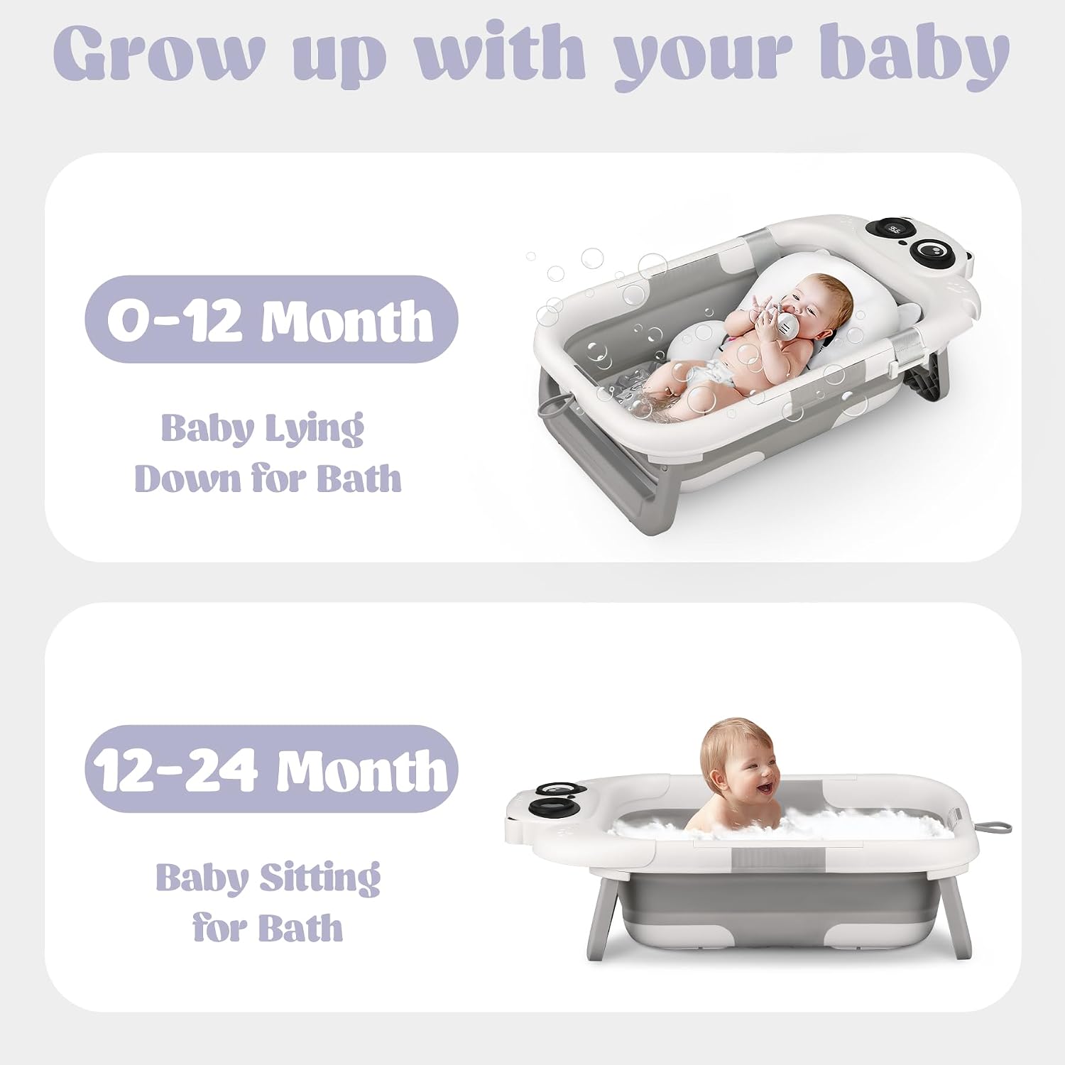 Foldable Baby Bathtub - 0-24M, Thermometer, Soft Cushion (Grey) | Folds Flat, Portable, Non-Slip Legs, For Newborn to Toddler, Space-Saving Design