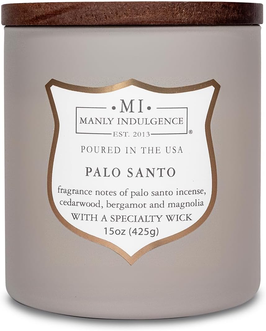 Manly Indulgence Palo Santo Scented Candles for Men, 15 oz Wooden Wick, Premium Soy Blend Wax, 60H Burn, Candles for Home Scented - Made in The USA