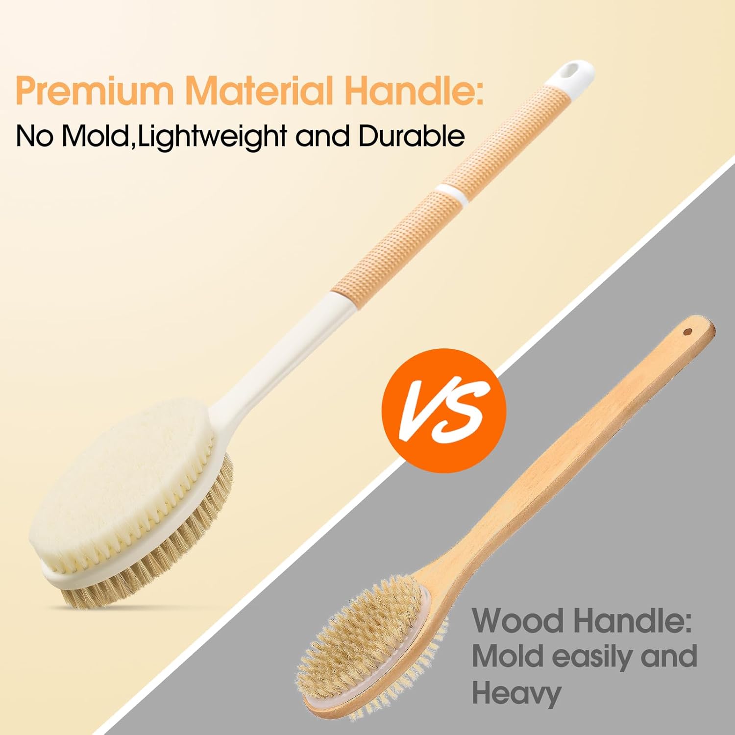 Backski Body Scrubber Anti Slip for Shower, Shower Brush Long Handle with Stiff and Soft Bristles, Body Wash Exfoliating Back Scrubber for Bath or Dry Brushing Body Brush(Orange)