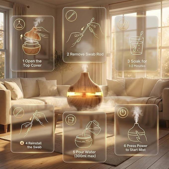 Wood Grain Essential Oil Diffuser, USB Powered Ultrasonic Humidifier, LED Light, Teardrop Shape, 300ml Capacity
