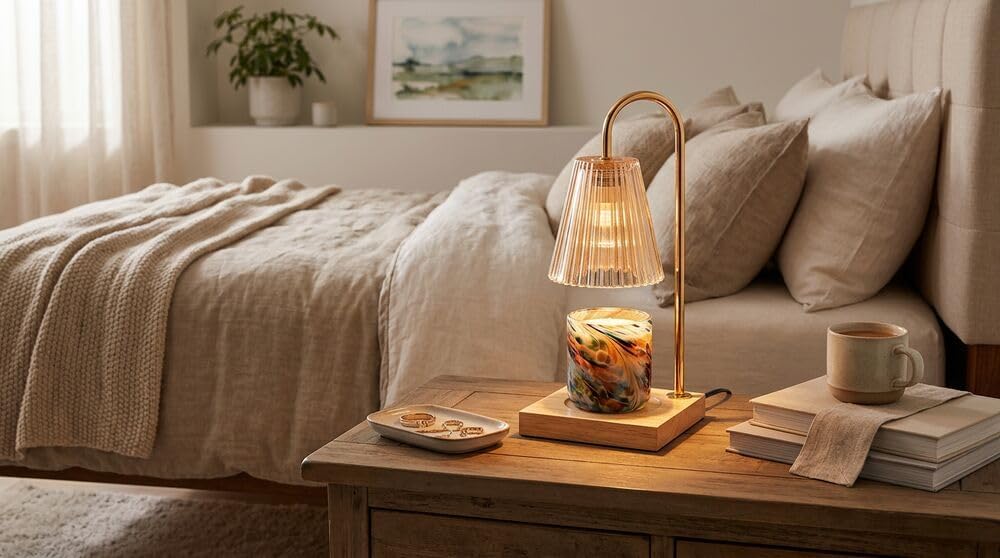 Mikasa Electric Candle Warmer with Amber Glass Shade - 13.8 Inch Lamp Warmer with Wooden Base, 50 Watt Halogen Bulb Included, Dimmer Switch, Safe Flameless Fragrance for Home Décor