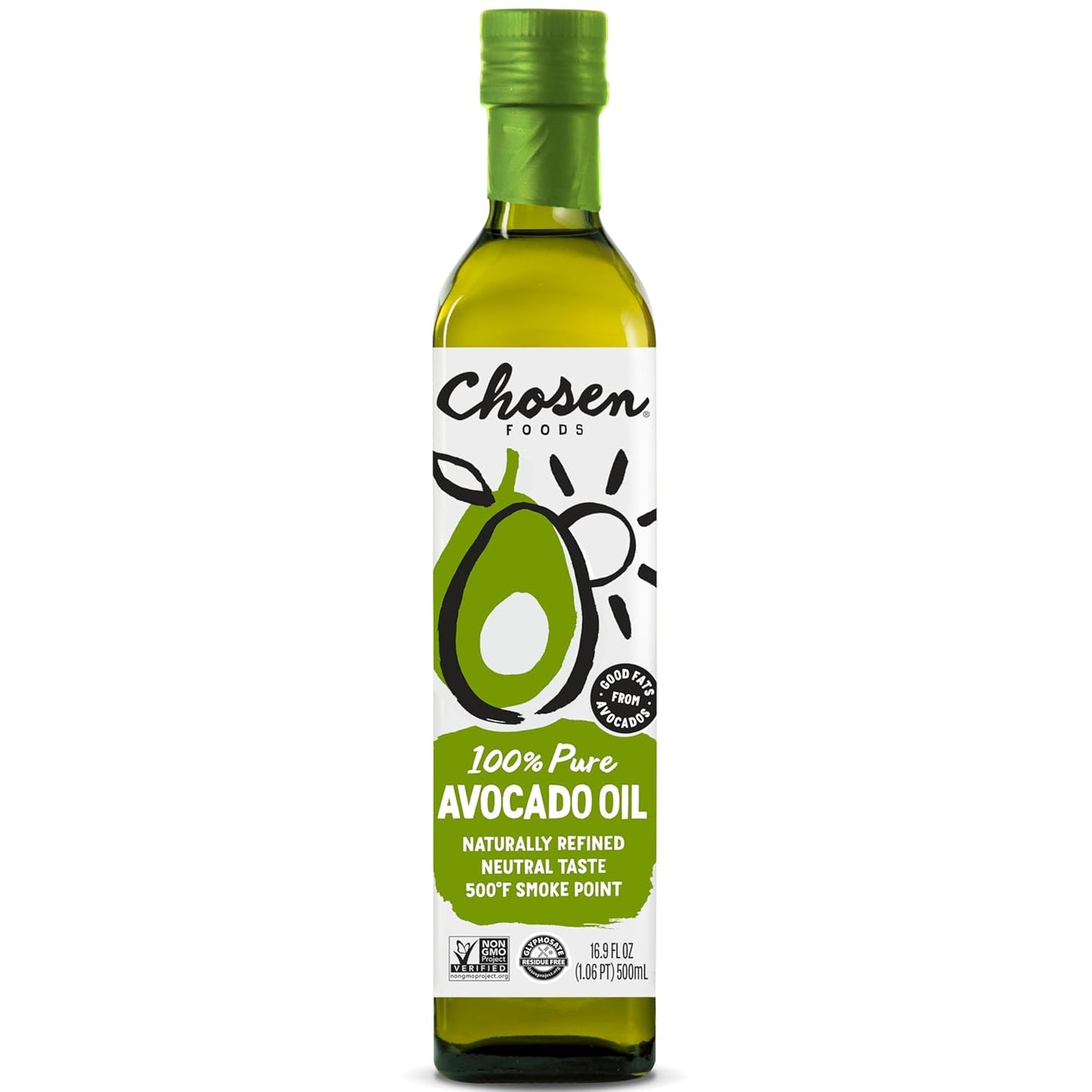 Chosen Foods Avocado Oil, 16.9 Fl Oz - All Purpose Cooking Oil made from 100% Pure Avocados - Non-GMO, Gluten-Free, Keto Friendly, Glyphosate Free - 500mL (Pack Of 1)