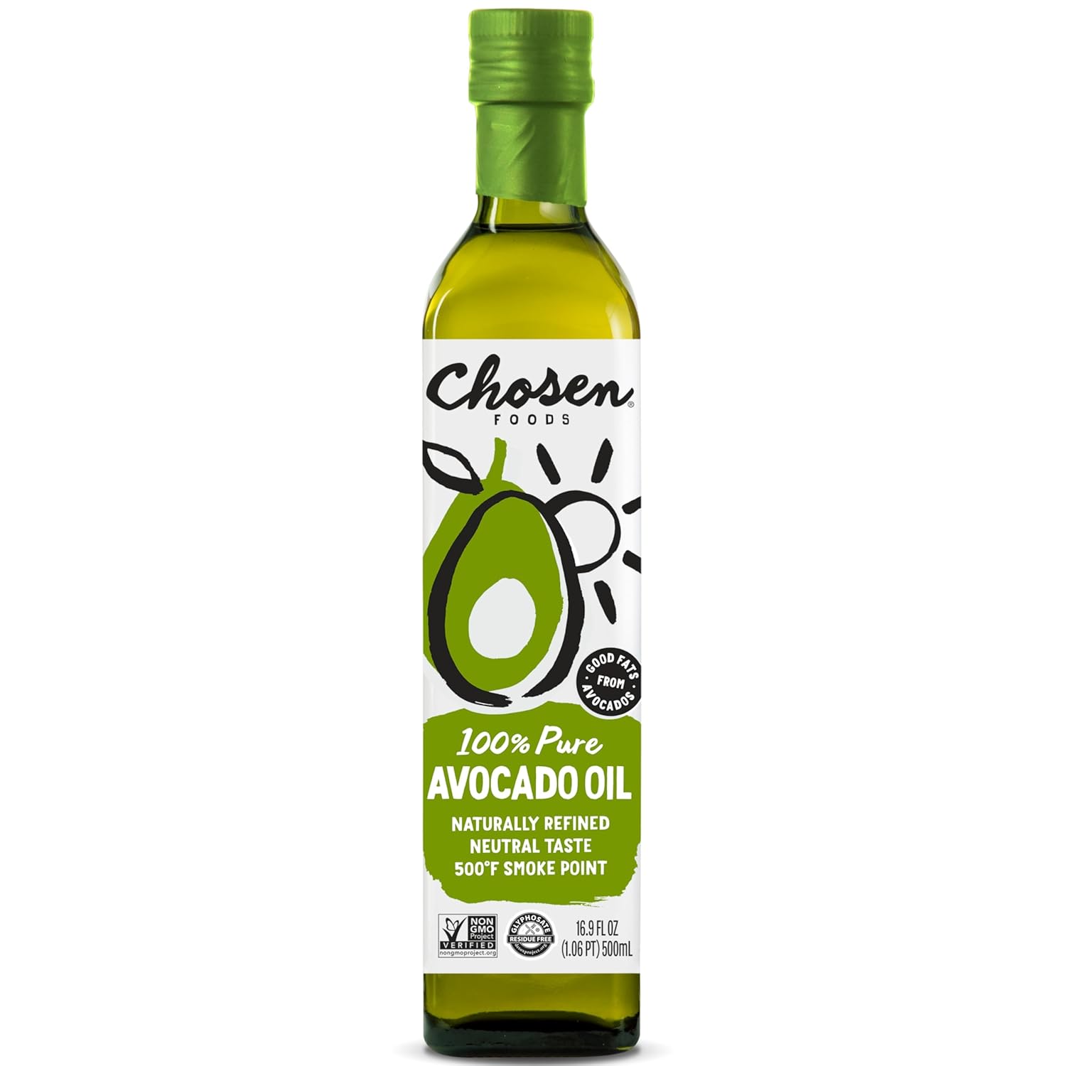 Chosen Foods Avocado Oil, 16.9 Fl Oz - All Purpose Cooking Oil made from 100% Pure Avocados - Non-GMO, Gluten-Free, Keto Friendly, Glyphosate Free - 500mL (Pack Of 1)