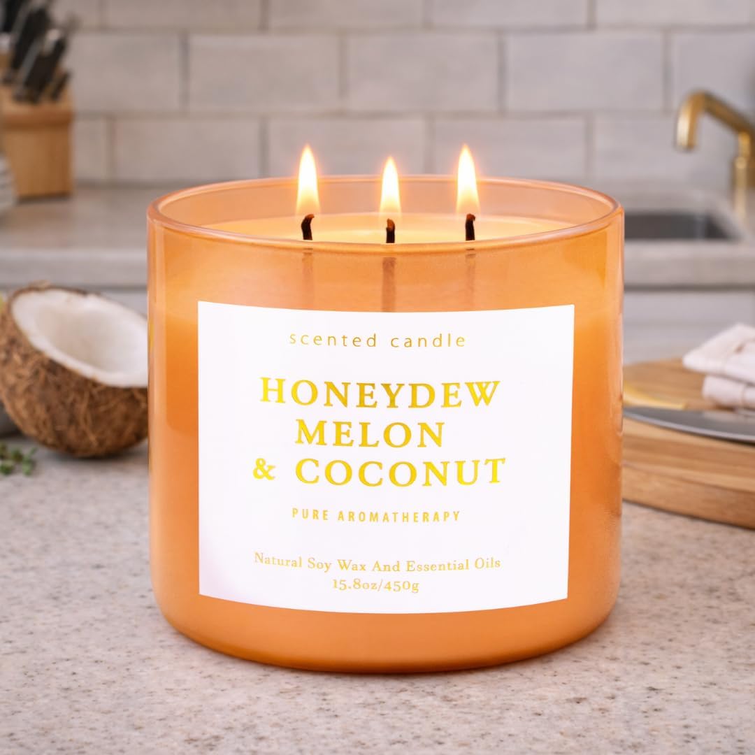 Honeydew Melon Coconut 3-Wick Soy Candle | 15.8 oz Large Scented Candle for Home | Clean Burn Long Lasting | Fresh Melon Coconut Scent | Gift Ready