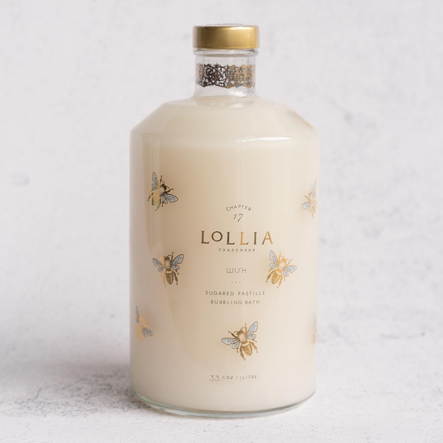 LOLLIA Wish Bubble Bath, 33.8 fl oz / 1 L, Vanilla Bean, Rice Flower, Jasmine Leaves & Sugar Cane Scent, Luxury Hydrating & Relaxing Bubble Skin Care for Women, Delicate Bubbling Bath, Glass Bottle