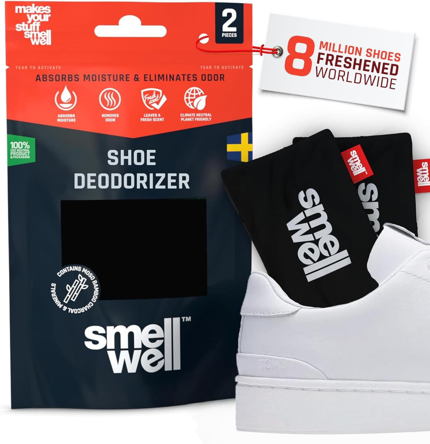 SmellWell - Scented Shoe Deodorizer Inserts - Odor Eliminators - Activated Bamboo Charcoal + Minerals - Natural Fresheners for shoes, bags, gloves - 2 x 1.8oz Original Size - Black Zebra