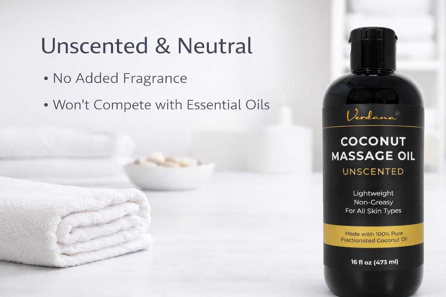 Verdana Coconut Massage Oil – Unscented for Massage Therapy, Lightweight & Non-Greasy for Professional & Home Use, Made with Fractionated Coconut Oil, 16 fl oz