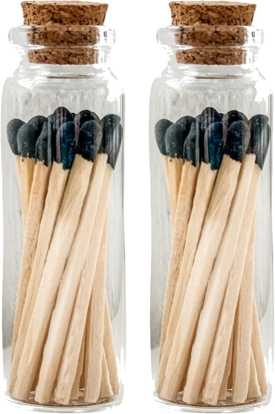Set of 2 Small Premium Wooden Safety Matches in Glass Vial with Striker - 40 Wooden Matches, 1.9" Tall, Decorative Matches, Matches in a jar with Striker, Candle Accessories - Black (MV20x2)
