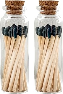 Set of 2 Small Premium Wooden Safety Matches in Glass Vial with Striker - 40 Wooden Matches, 1.9" Tall, Decorative Matches, Matches in a jar with Striker, Candle Accessories - Black (MV20x2)