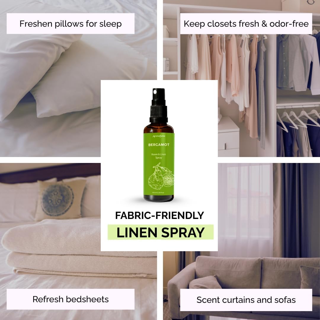 Bergamot Room, Linen & Pillow Spray by Aromafume | 100ml/3.38 fl oz | with Pure Bergamot Essential Oil | Aromatherapy Spray for Relaxation, Sleep & Stress Relief | Mist for Bedding, Fabric