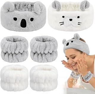 AHONEY Face Wash Headband and Wristband Set, Cute Makeup Spa Skincare Headbands Wrist Bands for Washing Face Headband for Women Girls Elastic Animal Hair Band (White&Grey)
