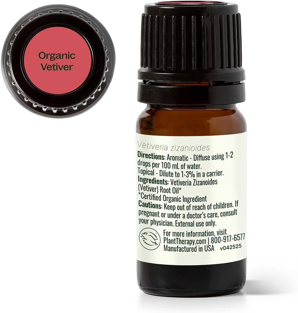 Plant Therapy Organic Vetiver Essential Oil, 5 mL (1/6 oz) Pure, Undiluted Essential Oil, Great for Meditation and DIY Natural Skin Care