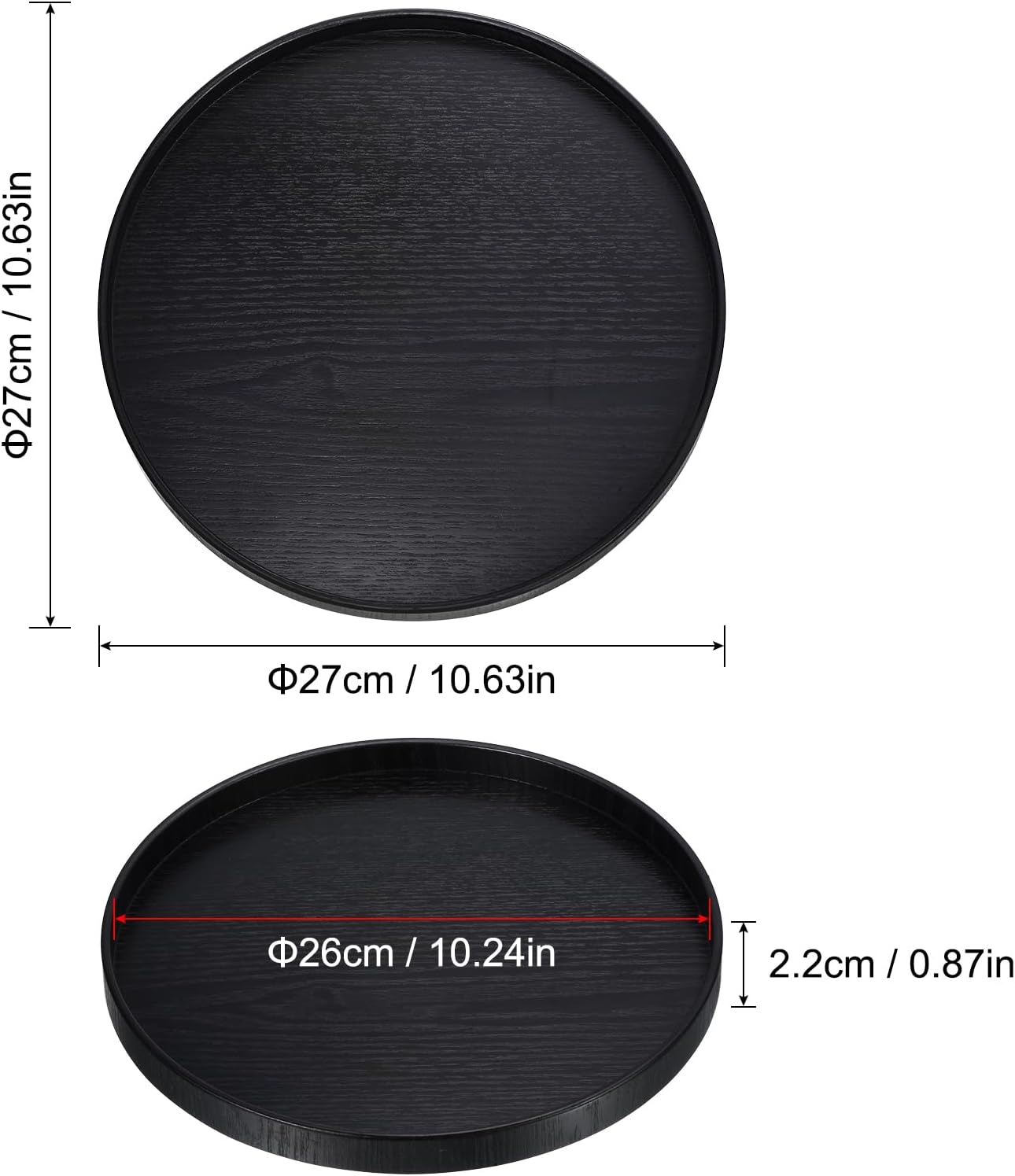 PATIKIL Wood Serving Tray 27cm/10 Inch, Round Decorative Platter for Home Decor Kitchen Table Candle Holder, Black