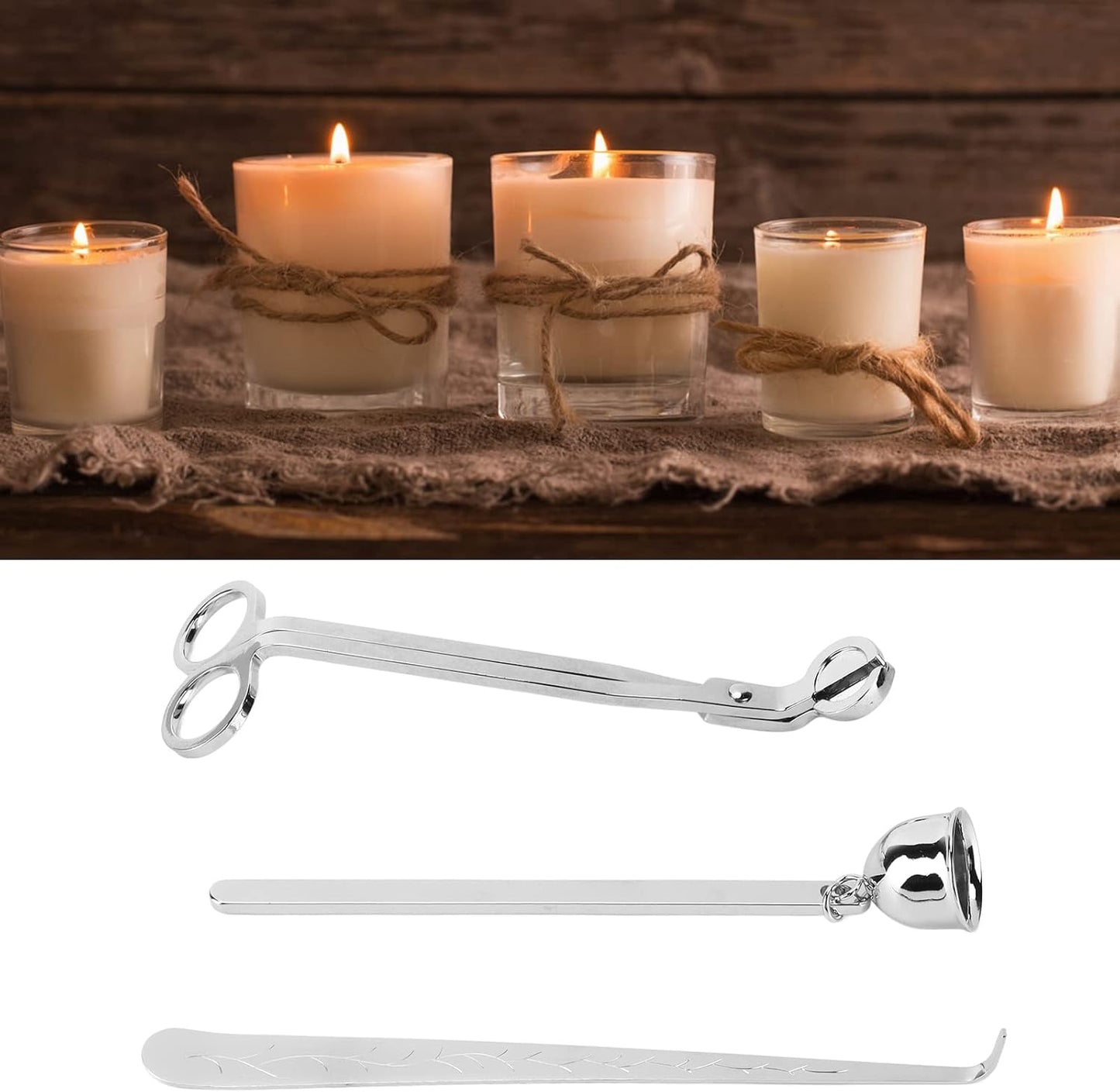 Silver Candle Tool Set, Stainless Steel Candle Wick Trimmer and Dipper, Elegant Design with Wick Scissors Hook and Extinguisher for Aromatherapy Candles, for Candle Lo