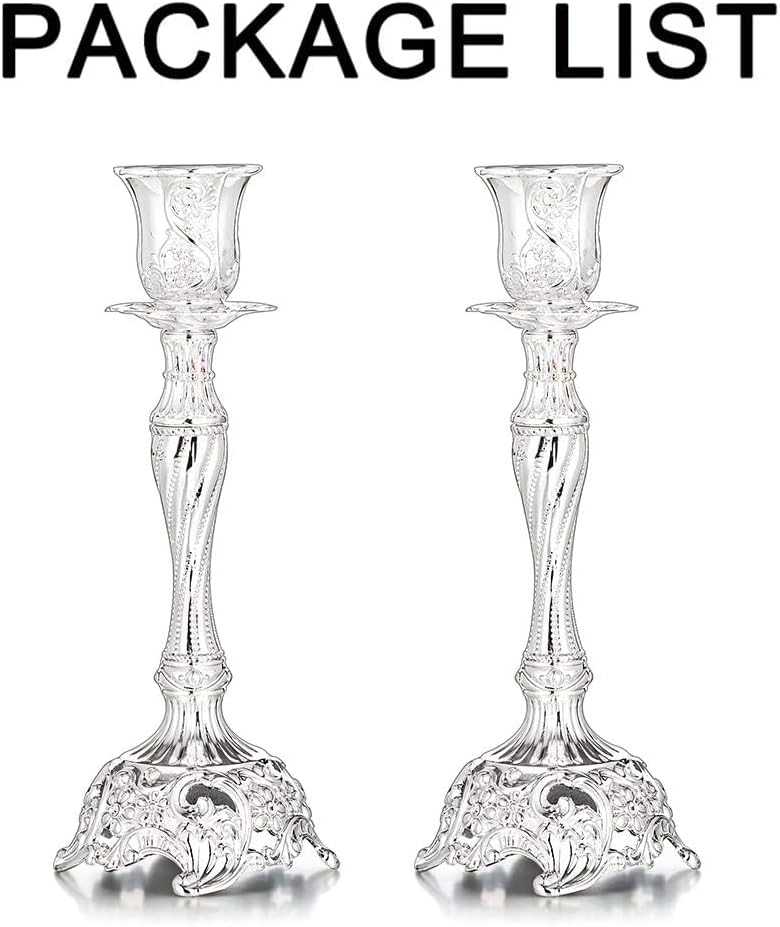 Sziqiqi Silver Plated Candlestick Holders Set of 2 Taper Candle Holders Deluxe Ornate Candle Holders for Shabbat Taper Candles, Candle Centerpiece, Wedding Candles, Christmas Candle, 7.4inch