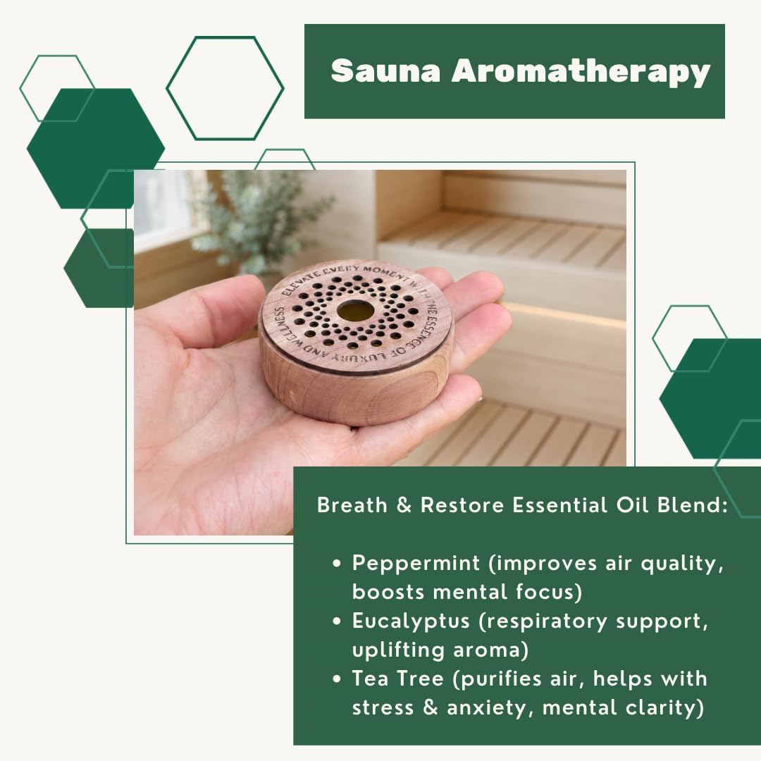 Sauna Freshener with Essential Oil Refill – Handmade Cedar Wood Diffuser – Breathe & Restore Scent – Eucalyptus, Peppermint & Tea Tree – Heat-Activated Aromatherapy for Sauna – Made in USA